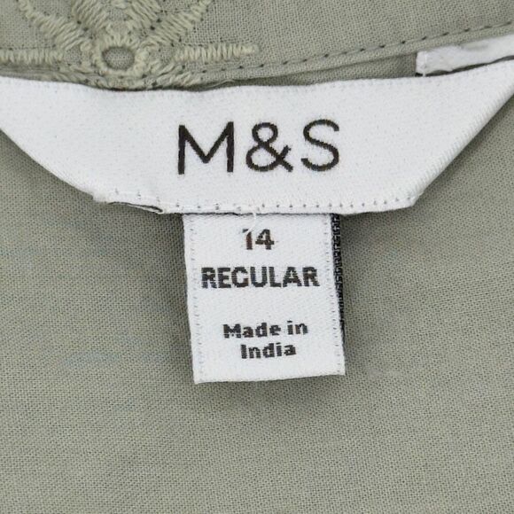 M&S Sage Green Eyelet Embroidered Button-Up Shirt Blouse 14 Cottagecore Timeless - Picture 8 of 9
